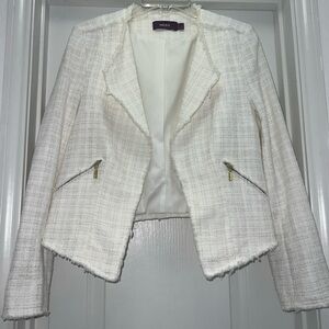 Mexx Women’s Cream Textured Tweed Blazer Jacket Size XL (EU 44) Fringe Hem